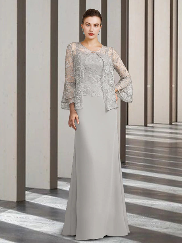 Luolandi Two Piece Sheath / Column Mother of the Bride Dress Elegant Scoop Neck Floor Length Chiffon Lace Sleeveless